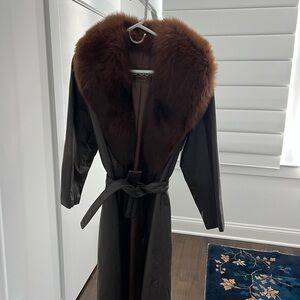 Vintage Belted Leather Coat with Fur Trim
